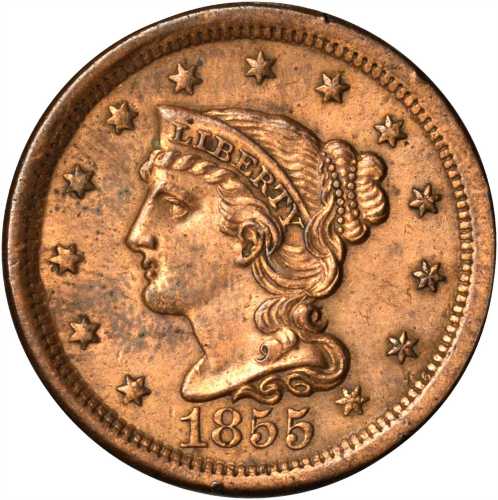 Lot of (5) 1855 Braided Hair Cents.