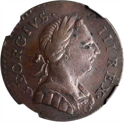 1774 Machins Mills Halfpenny. Vlack 5-74A, W-7760. Rarity-4. GEORGIVS III, Group I. EF-45 BN (NGC).