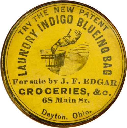 Ohio, Dayton. J.F. Edgar / Laundry Indigo Blueing Bag. Bowers OH-1720. Gilt brass. 38 mm. About Unci