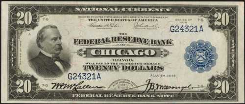 Fr. 824 (W-2306-G). 1915 $20 Federal Reserve Bank Note. Chicago. PCGS Gem New 65 PPQ.