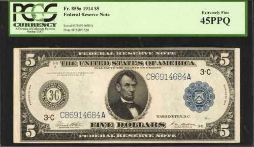 Fr. 855a. 1914 $5 Federal Reserve Note. Philadelphia. PCGS Extremely Fine 45 PPQ.