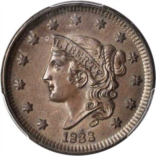 1838 Modified Matron Head Cent. N-1. Rarity-1. MS-62 BN (PCGS).