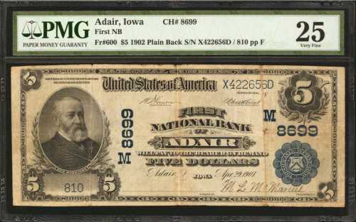 Adair, Iowa. $5 1902 Plain Back. Fr. 600. The First NB. Charter #8699. PMG Very Fine 25.