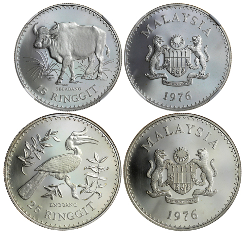 1976年马来西亚银币2枚一组，面额15及25令吉，分别评NGC PF69UC 及PF68UC