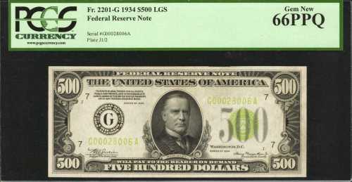 Fr. 2201-Glgs. 1934 $500 Federal Reserve Note. Chicago. PCGS Gem New 66 PPQ.