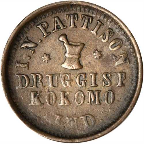 Indiana--Kokomo. 1863 Isaac N. Pattison. Fuld-510C-1a. Rarity-6. Copper. 19 mm. VF-20 Reverse Rough.