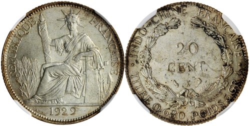 1929A法属安南20分银币，NGC MS62, 仅发行644000枚