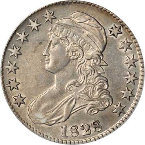 1828 Capped Bust Half Dollar. O-122. Rarity-3. Square Base 2, Small 8s, Large Letters. AU-50 Details