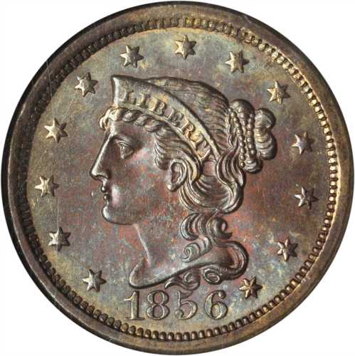 1856 Braided Hair Cent. N-6. Rarity-1. Upright 5. MS-65 BN (NGC).
