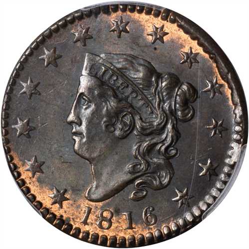 1816 Matron Head Cent. N-2. Rarity-1. MS-63 RB (PCGS).