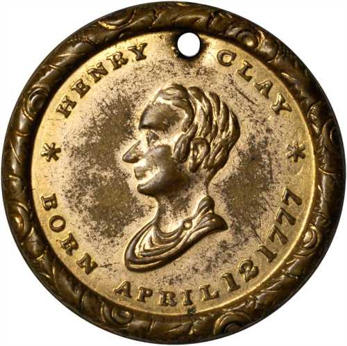 1844 Henry Clay. DeWitt-HC 1844-56. Gilt brass shells. 25.7 mm. Choice Very Fine, pierced.