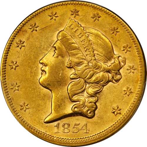 1854 Liberty Head Double Eagle. Small Date. AU-58 (PCGS).