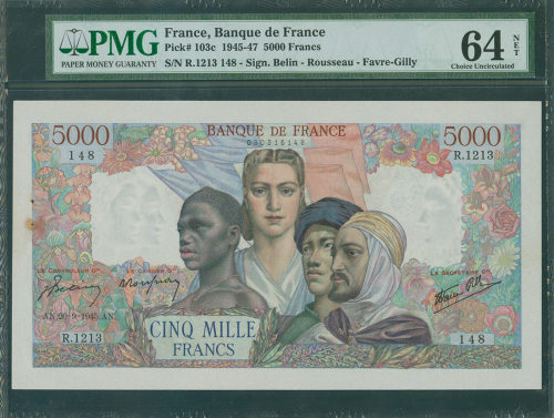 1945年法国银行5000法郎，编号R.1223148， PMG64NET, 针孔范围内有锈渍
