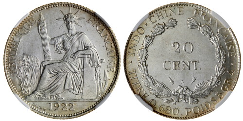 1922A法属安南20分银币，NGC MS65, 浅黄色美丽的包浆