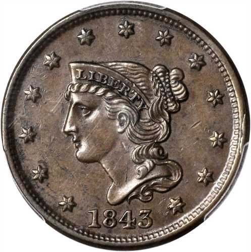 1843 Braided Hair Cent. N-9. Rarity-2. Petite Head, Small Letters. Repunched Date. AU-58 (PCGS).