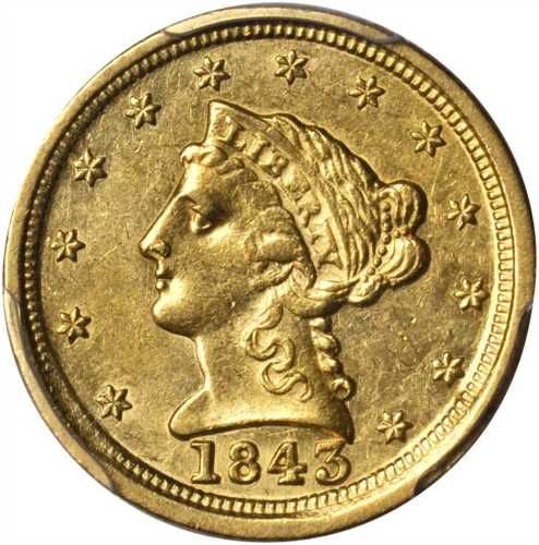 1843-C Liberty Head Quarter Eagle. Large Date. AU-53 (PCGS).