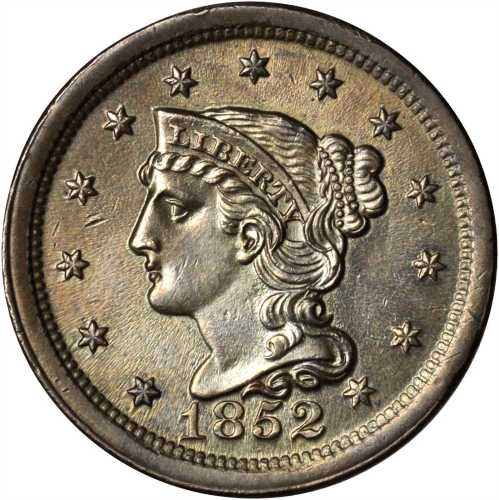 1852 Braided Hair Cent. N-16. Rarity-1. MS-60 Questionable Color.