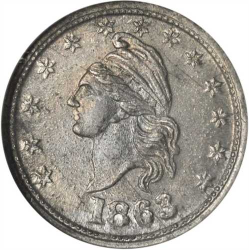 1863 French Liberty Head / Unite Country. Fuld-1/436 e. Rarity-7. White Metal. 19 mm. MS-63 (NGC).