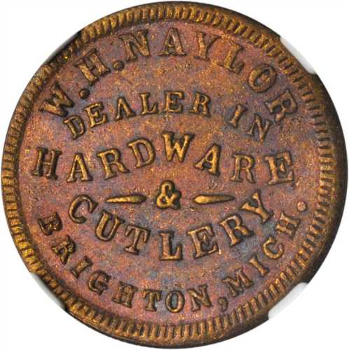 Detroit--Brighton. 1863 William H. Naylor. Fuld-085C-2b. Rarity-7. Brass. 19 mm. MS-62 (NGC).