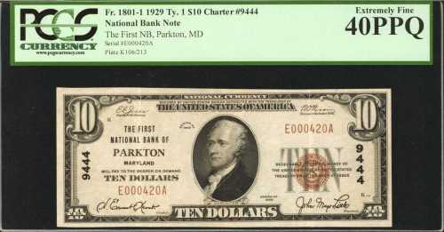 Parkton, Maryland. $10 1929 Ty. 1. Fr. 1801-1. The First NB. Charter #9444. PCGS Extremely Fine 40 P