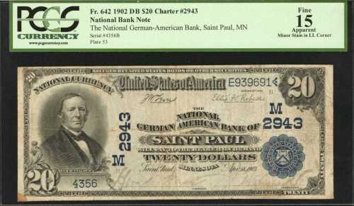 Saint Paul, Minnesota. $20 1902 Date Back. Fr. 642. The National German-American Bank. Charter #2943