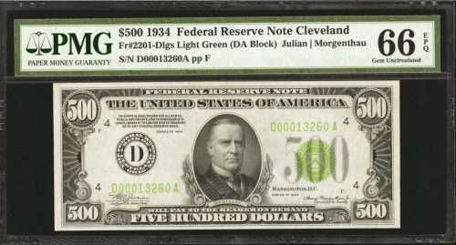 Fr. 2201-Dlgs. 1934 $500 Federal Reserve Note. Cleveland. PMG Gem Uncirculated 66 EPQ.