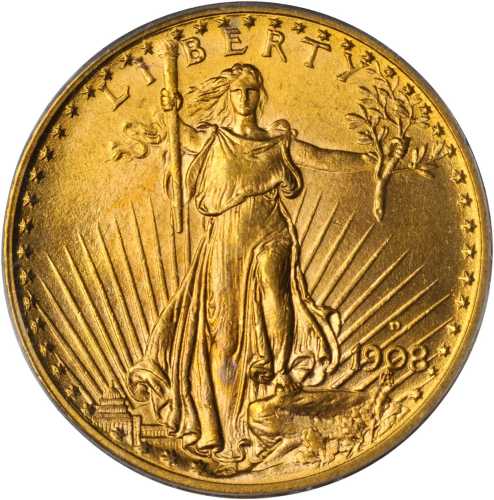 1908-D Saint-Gaudens Double Eagle. Motto. MS-65 (PCGS).