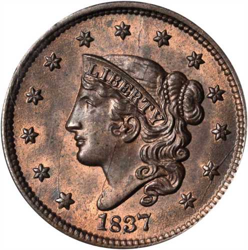 1837 Modified Matron Head Cent. N-9. Rarity-1. Head of 1838. MS-64 RB (PCGS). CAC.