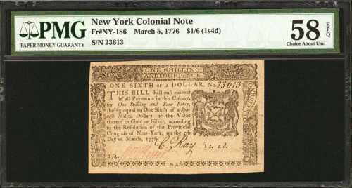 NY-186. New York. March 5, 1776. $1/6. PMG Choice About Uncirculated 58 EPQ.