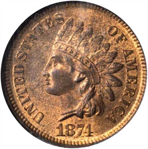 1874 Indian Cent. MS-65 RB (NGC). CAC.