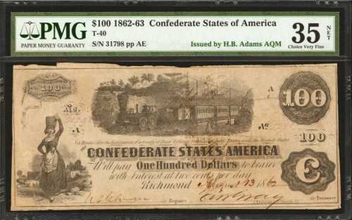 T-40. Confederate Currency. 1862 $100. PMG Choice Very Fine 35 Net.