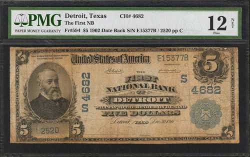 Detroit, Texas. $5 1902 Date Back. Fr. 594. The First NB. Charter #4682. PMG Fine 12 Net. Stains.