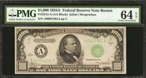 Fr. 2212-A. 1934A $1000 Federal Reserve Note. Boston. PMG Choice Uncirculated 64 EPQ.