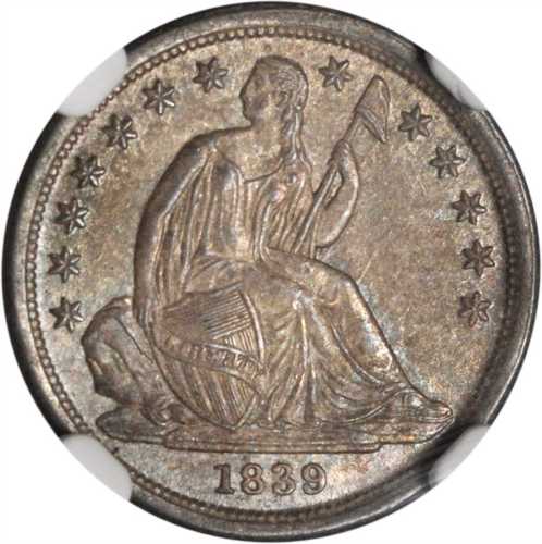1839 Liberty Seated Dime. No Drapery. Fortin-103. Rarity-3. Repunched Date. MS-66 (NGC). CAC.