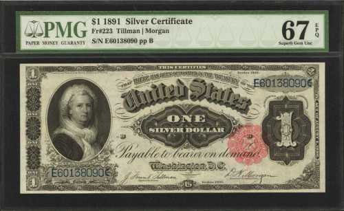 Fr. 223. 1891 $1 Silver Certificate. PMG Superb Gem Uncirculated 67 EPQ.