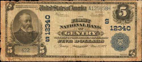 Gentry, Arkansas. $5 1902 Plain Back. Fr. 609. The First NB. Charter #12340. Very Good.