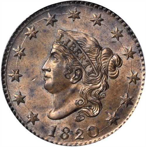 1820 Matron Head Cent. N-13. Rarity-1. Large Date. MS-64 BN (PCGS).