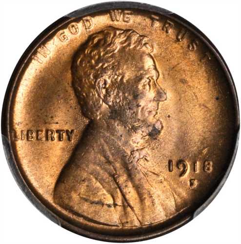 1918-S Lincoln Cent. MS-64 RD (PCGS). Secure Holder.