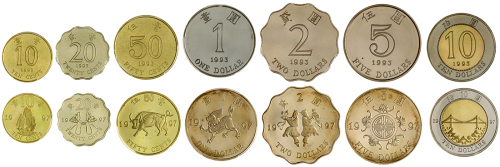 香港1993及1997年精铸币套装，共14枚，均评PCGS PR67 至 PR69