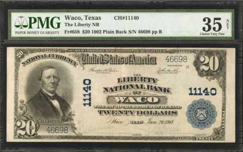 Waco, Texas. $20 1902 Plain Back. Fr. 658. The Liberty NB. Charter #11140. PMG Choice Very Fine 35 N