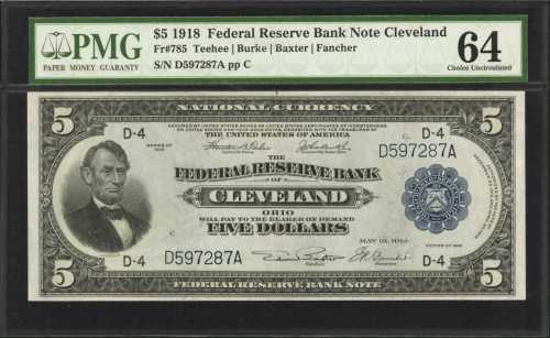 Fr. 785. 1918 $5 Federal Reserve Bank Note. Cleveland. PMG Choice Uncirculated 64.