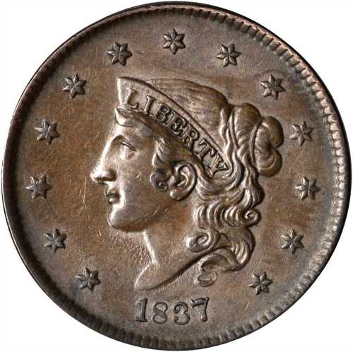 1837 Modified Matron Head Cent. N-13. Rarity-2. Plain Cord, Medium Letters. EF-45.