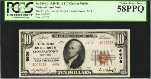 Leonardtown, Maryland. $10 1929 Ty.2. Fr. 1801-2. The First NB. Charter #6606. PCGS Choice About New