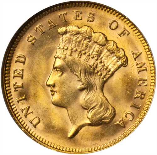 1878 Three-Dollar Gold Piece. MS-64 (NGC). OH.