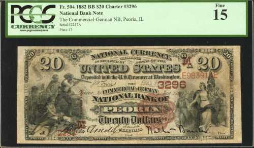 Peoria, Illinois. $20 1882 Brown Back. Fr. 504. The Commercial NB. Charter #3296. PCGS Fine 15.