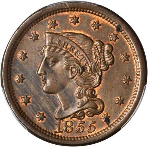 1855 Braided Hair Cent. N-10. Rarity-1. Slanting 5s. MS-63 BN (PCGS).