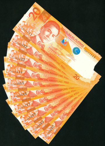 2014B菲律宾银行20披索10枚一组，幸运号111111-999999及1000000，UNC品相