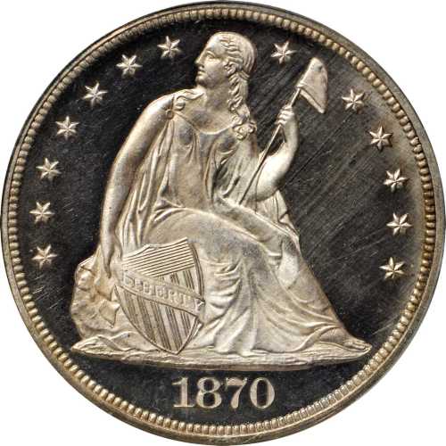 1870 Liberty Seated Silver Dollar. Proof-65 Cameo (PCGS).