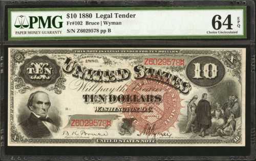 Fr. 102. 1880 $10 Legal Tender Note. PMG Choice Uncirculated 64 EPQ.