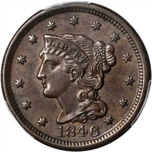 1846 Braided Hair Cent. N-18. Rarity-1. Small Date. AU-58 (PCGS).